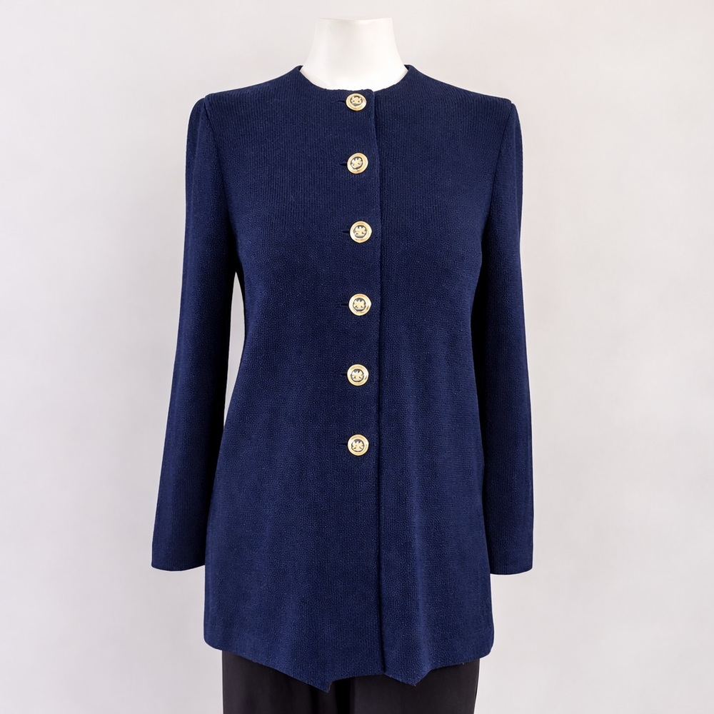 St John Marie Gray Santana Knit Navy Jacket Gold Crest Buttons P